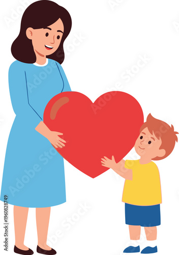 Mother and young son jointly hold a very large, bright red heart shape, symbolizing love and shared affection.