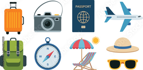 Summer Travel and Vacation Vector Icon Set Featuring Suitcase Passport Airplane Compass and Beach Essentials for Tourism and Holiday Design