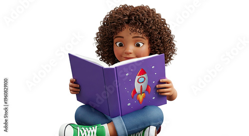 Girl with curly hair reading a book with a rocket on the cover