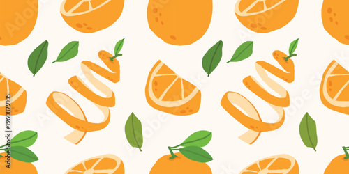 Seamless pattern with oranges, slices and spiral peel elements. Playful citrus composition in flat style, perfect for summer backgrounds, packaging and decorative surfaces