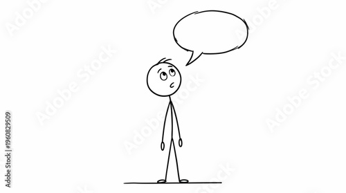 Stick figure man standing and looking up with an empty speech bubble, ready to speak or question, on an isolated white background.