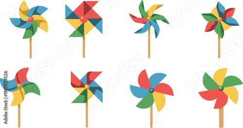 Colorful Wind Spinner Pinwheel Vector Set Featuring Multiple Paper Toy Designs for Children's Fun Outdoor Activities and Summer Festivals