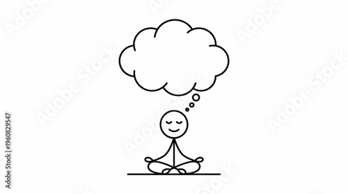 Stick figure man meditating in lotus position with an empty thought bubble, conveying peace and relaxation, on an isolated white background.