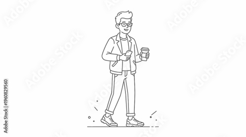 Modern man in glasses walking casually, holding a takeaway coffee cup and smartphone, on an isolated white background.