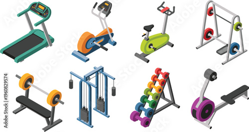 Isometric Gym Equipment Vector Set Featuring Treadmill Exercise Bike Elliptical and Weight Bench for Fitness Center and Home Workout Design