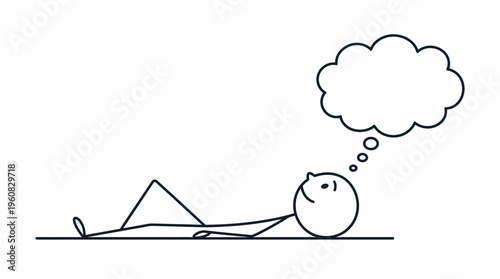 Happy Stick Figure Lying Down and Thinking Happily on Isolated White Background