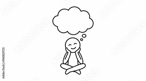 Happy Stick Figure Sitting Cross-Legged and Thinking Happily on Isolated White Background