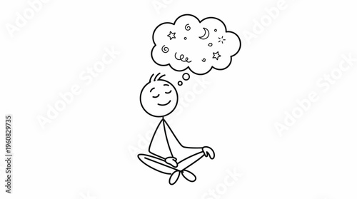 Peaceful Stick Figure Meditating and Dreaming of Cosmic Elements on Isolated White Background