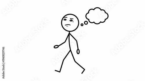 Stick Figure Walking and Thinking with Worried Expression on Isolated White Background