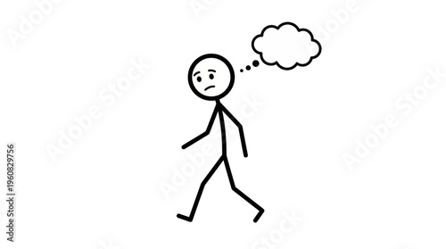 Stick Figure Walking and Thinking with Sad Expression on Isolated White Background