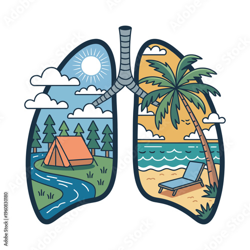 Healthy lungs with nature scenes, vector illustration of camping and beach.