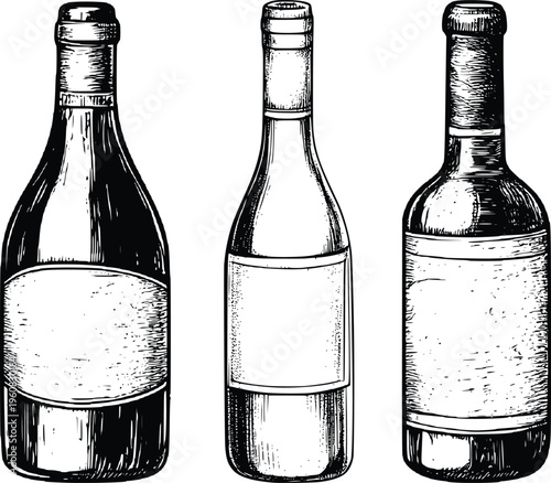 Vintage Wine Bottle Illustration Set - Engraving Style Vector Graphics with Blank Labels for Menus