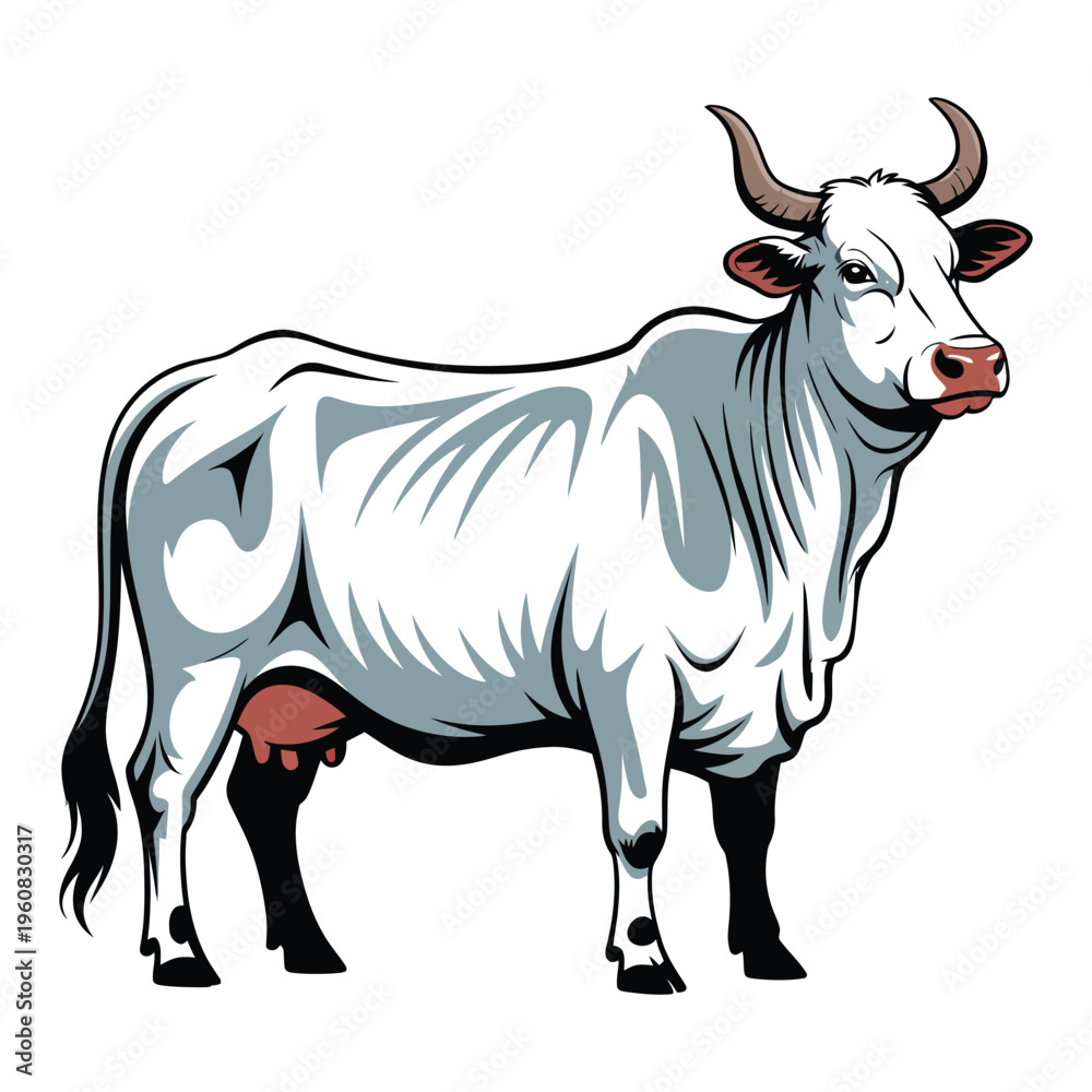 Fototapeta premium Majestic white cow with horns standing in profile, realistic illustration.