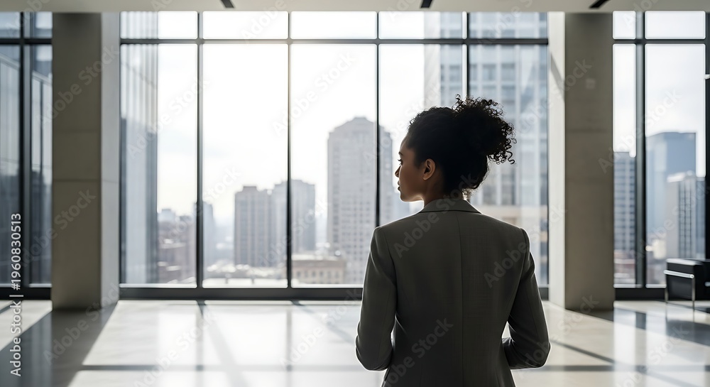 Fototapeta premium Successful businesswoman looking out large office window at cityscape, contemplating future opportunities and career growth.