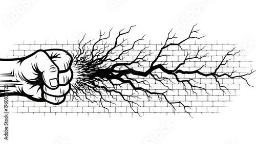 Fist punching brick wall, breaking through with lightning effect