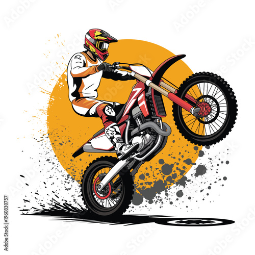Motocross rider performing wheelie stunt with dirt splash vector illustration art.
