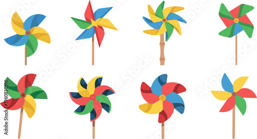 Colorful Wind Spinner Pinwheel Vector Set Featuring Multiple Paper Toy Designs for Children's Fun Outdoor Activities and Summer Festivals