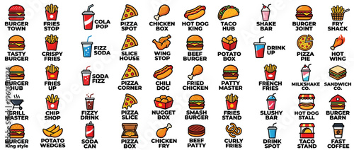 A variety of food icons and drinks.