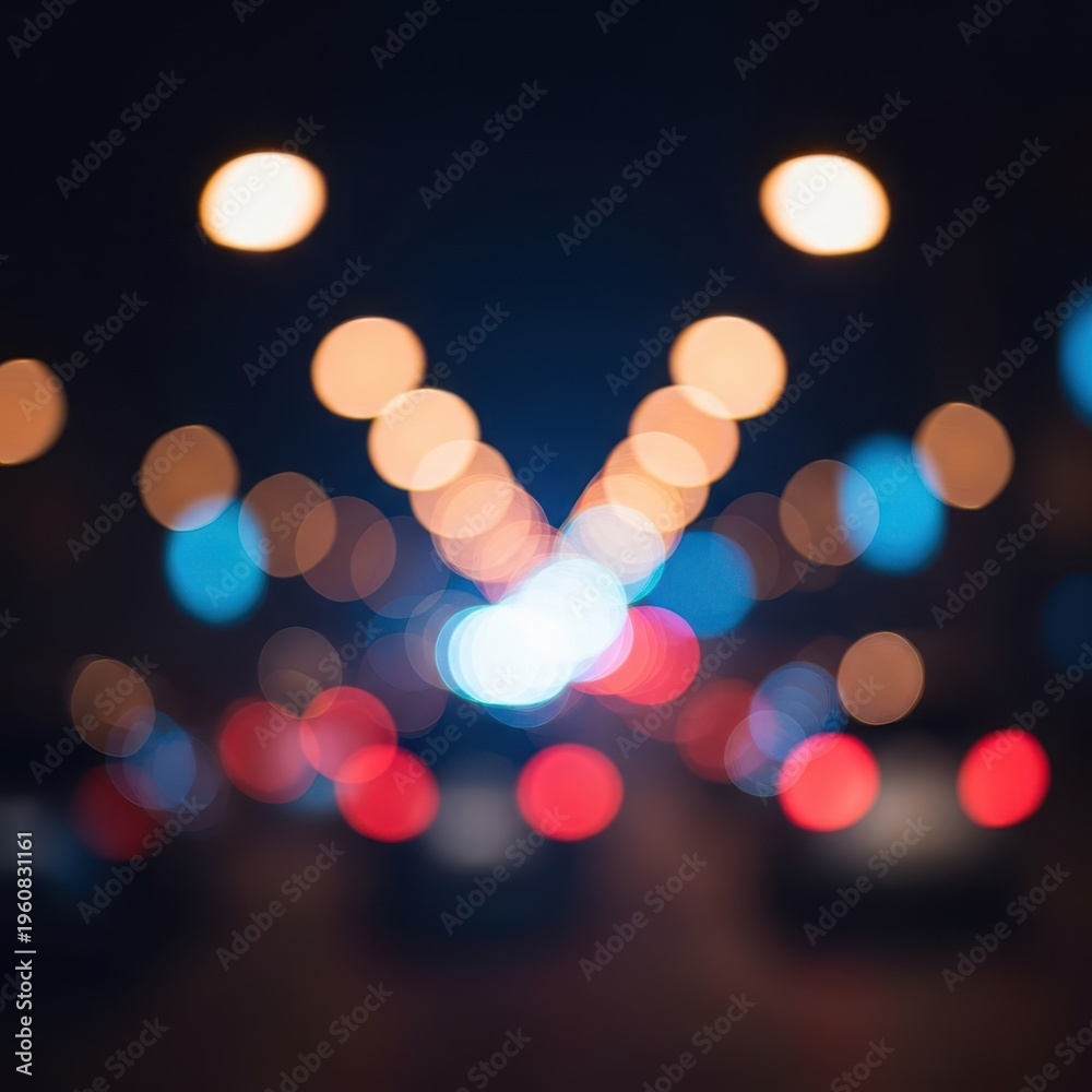 Fototapeta premium Soft focus bokeh lights illuminate a dark background, suggesting distant, unknown activity and anonymous movement in a busy metropolitan environment, anonymous, backdrop, colorful