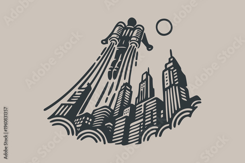 Futuristic Jetpack Pilot Flying Over City Skyline Woodcut