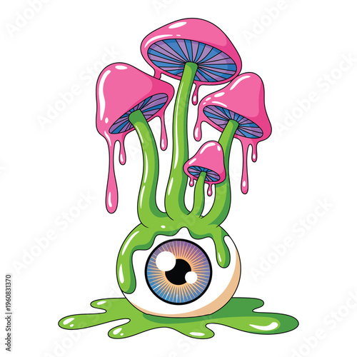 Psychedelic mushrooms growing out of eye illustration, trippy fantasy vision vector art.