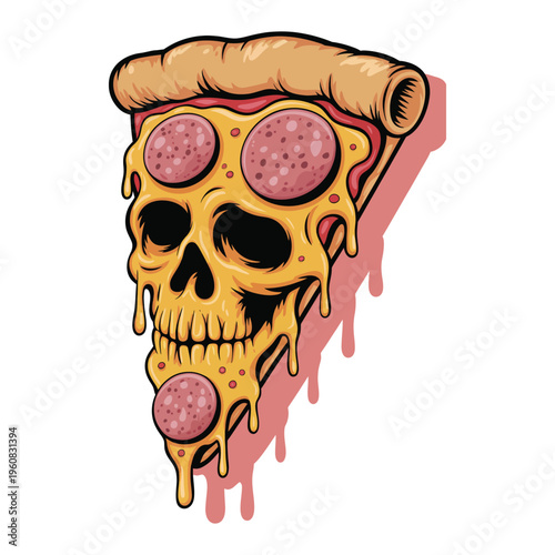 Pizza slice skull illustration with melting cheese and pepperoni topping design.
