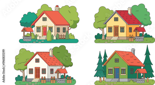 Charming Country Cottage Vector Illustration Set Featuring Small Houses with Red Roofs Gardens and Stone Water Wells