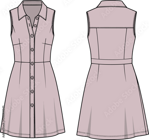 Sleeveless Button Down Shirt Dress Fashion Technical Flat Sketch, Collared Mini Dress Design Template, CAD Drawing Flat Vector Illustration, Summer Apparel