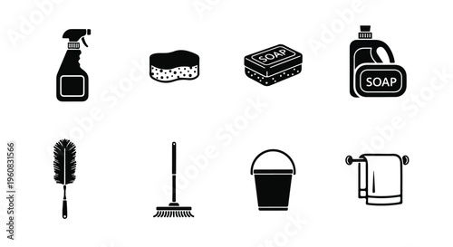 Cleaning supplies icon set, black silhouette household hygiene symbols, 8 vector elements including spray bottle, soap, sponge and bucket