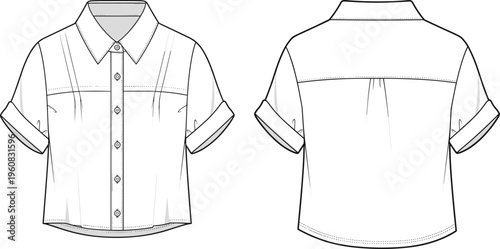 Women Button Down Flutter Sleeve Blouse Technical Fashion Flat Sketch Tiered Peplum Hem CAD Drawing Flat Vector Illustration Front Back,