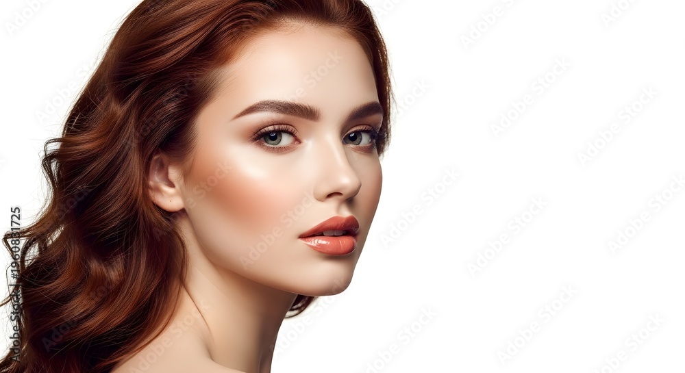 Naklejka premium Beautiful Woman with Red Hair and Perfect Makeup on White Background