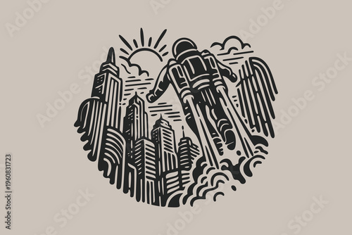 Futuristic Jetpack Pilot Flying Over Modern Cityscape