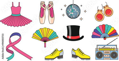 Dance styles and performing arts equipment flat icon set