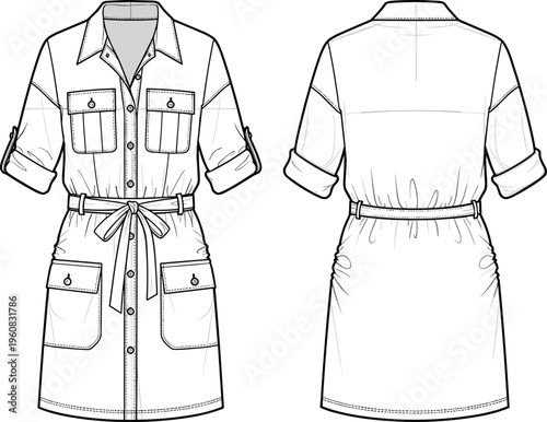 Women Button Down Flutter Sleeve Blouse Technical Fashion Flat Sketch Tiered Peplum Hem CAD Drawing Flat Vector Illustration Front Back,