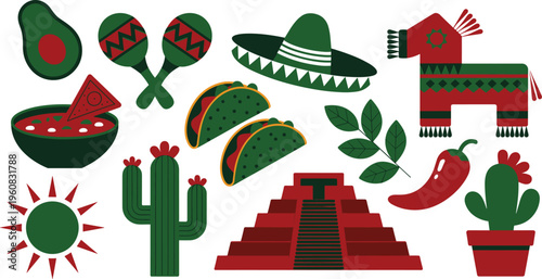 Traditional Mexican Culture and Fiesta Vector Set Featuring Sombrero Tacos Piñata Cactus and Mayan Pyramid for Travel and Culinary Design