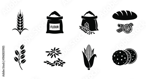 Bakery and cereal grain icons set, 8 black vector elements of wheat flour and corn, organic bread and cookie symbols for food packaging