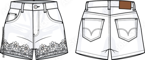 Women Flutter Sleeve V Neck Peplum Blouse Technical Fashion Flat Sketch Tiered Ruffle Hem CAD Drawing Flat Vector Illustration Front Back,