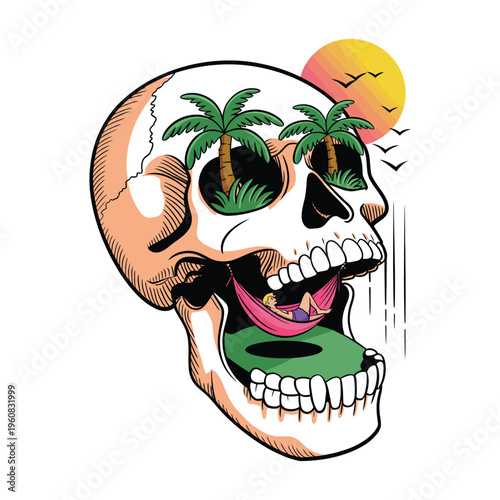 Skull with palm trees in eye sockets relaxing in hammock tropical vector.