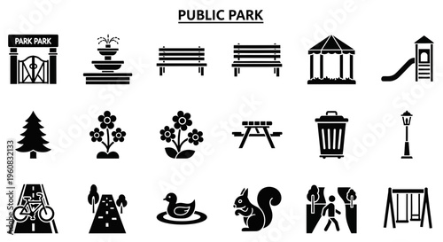 A collection of black silhouette icons related to public parks arranged in three rows
