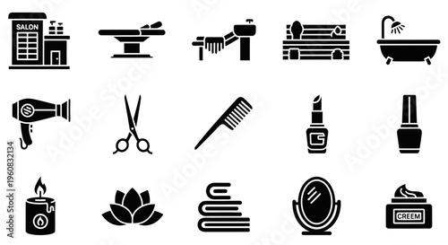 A collection of black silhouette icons related to beauty spa and salon services