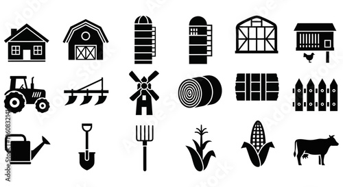 A collection of black silhouette icons representing farm structures machinery tools crops and livestock