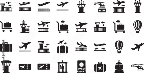 Travel and transportation icons in black and white style