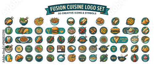 Fusion cuisine logo set collection.