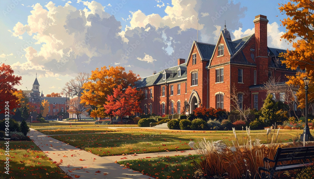 Fototapeta premium Autumn Campus Quad Wide Brick Buildings Bright Sky