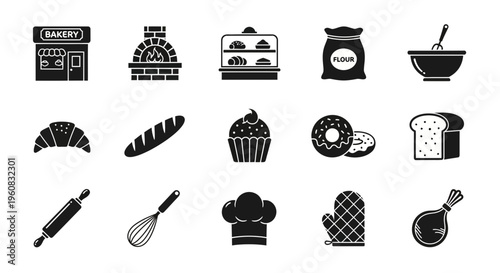 Black and white icons depicting bakery storefront oven display case flour mixing bowl croissant bread cupcake donuts loaf tools and chef hat