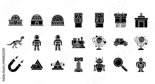 A threerow grid of black silhouette icons representing various museum exhibits and tools