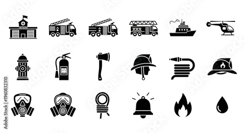 Black and white icons representing firefighting equipment vehicles and symbols