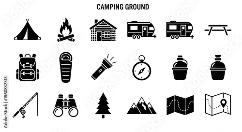 Black and white icons representing camping ground items arranged in three rows