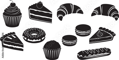 Black and white illustration of various sweet baked goods