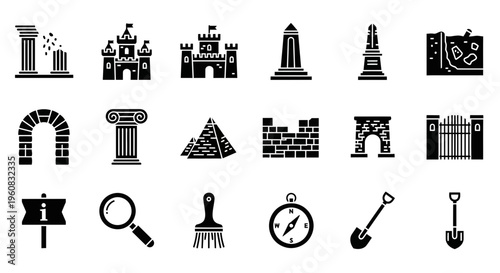 Black silhouette icons depicting historical structures archaeology tools and directional signage
